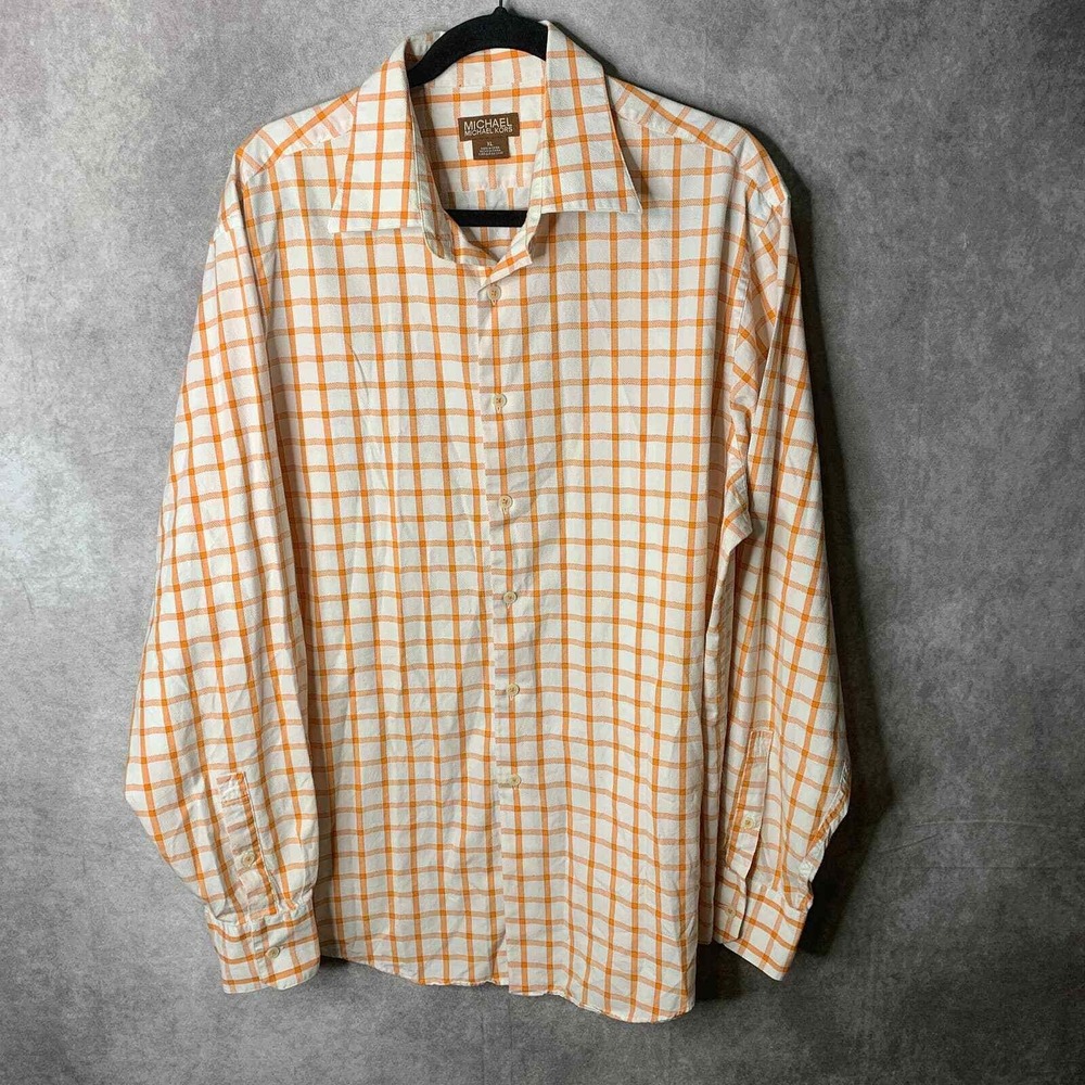 MICHAEL Michael Kors Button Up Shirt Mens XL Orange Plaid Long‎ Sleeves Collared